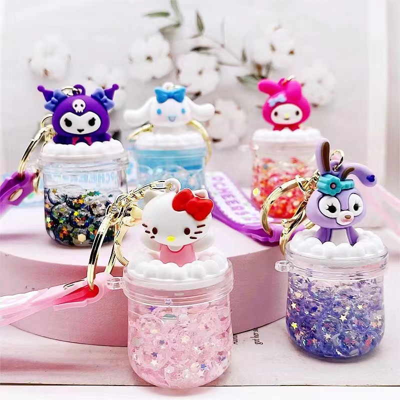 Chain Sanrio Gantungan Kunci Gelembung Minyak Di Sanrio Manik-manik Gelembung Pasir Hisap Botol Flash Gantungan Kunci Akrilik Cinnamoroll Kuromi Liontin Kunci Dekorasi Ransel