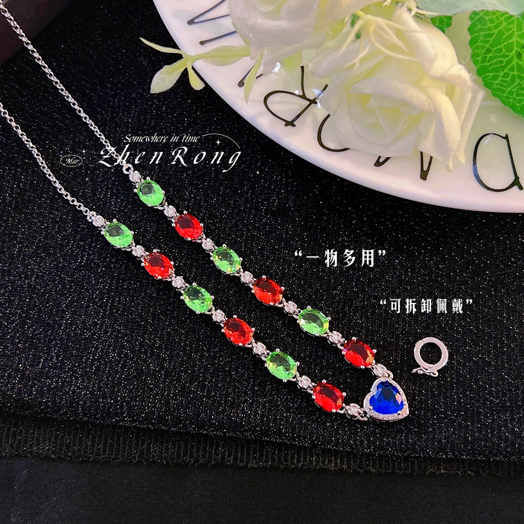 Goldkingdom Aksesoris Perhiasan Fashion Ready Stock Tourmaline Kalung Liontin Giok Dengan Rantai Sweater Berlian Royal Blue And Red Joker Necklace