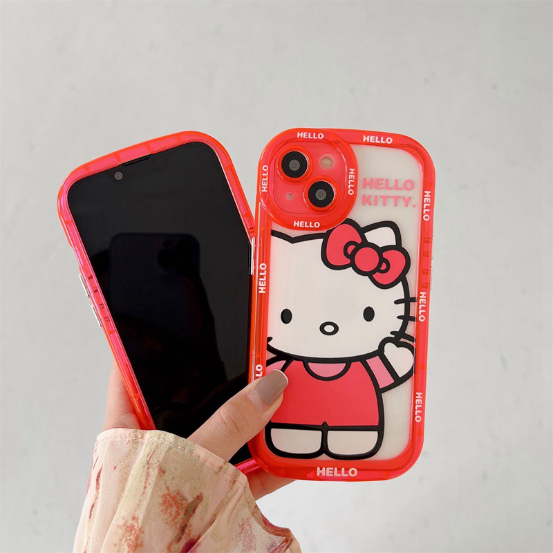 【Fluorescence Case】All New Air bag Independent buttons Soft Case IPhone 11 12 13 14 Pro Max Women Girl Fashion Cute Hello Kitty Love Bear Pink Red Phone Case