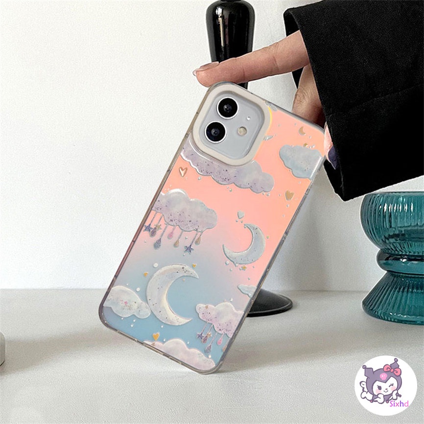IPHONE Kompatibel Untuk Iphone11 14 13 12 Pro Max8 7Plus X Xs Xr Xs Max SE 2020 Bulan Bintang Fashion Ins Pasangan Perlindungan Lensa Gradien Laser Casing Ponsel Lembut TPU Anti Jatuh Cover XJJJJ