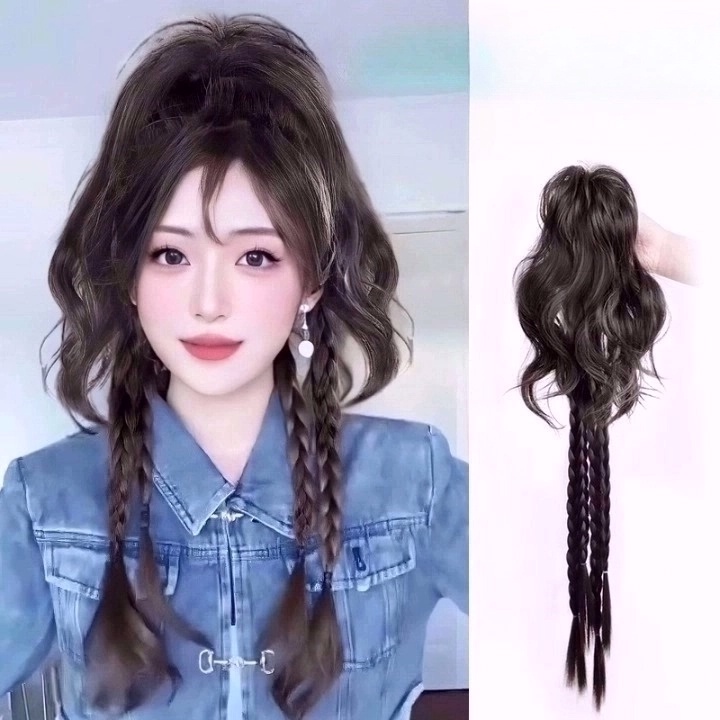Y2k Berbulu Setengah Ekor Kuda Kepang Wig Manis Keren Gadis Keriting Cakar Klip Wig Rambut Ekstensi