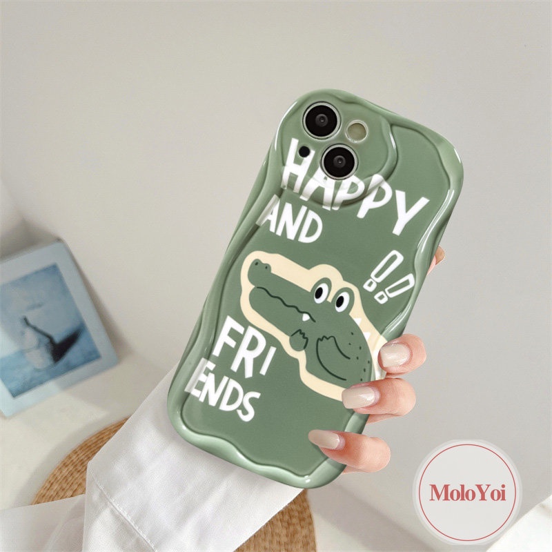 Kartun Lucu Hijau Crocodile Pasangan Shockproof Case Kompatibel Untuk IPhoneXR XS X Max8 7 6 6s Plus 11 12 14 13 Pro Max SE 2020 3D Wavy Curved Edge Soft Tup Cover