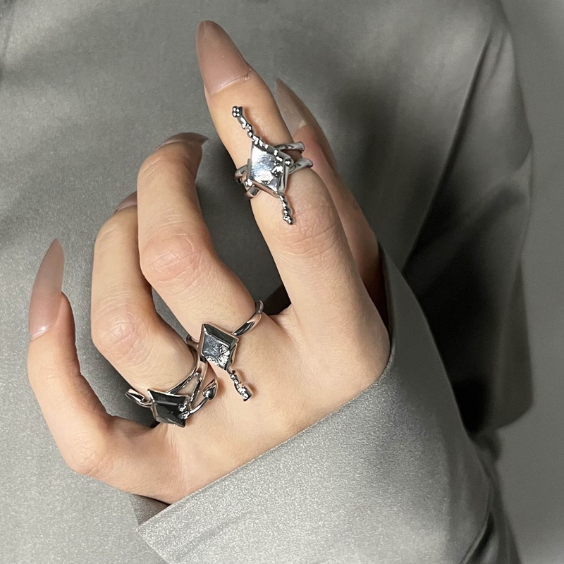 Cincin Bintang Silang Tidak Teratur Desain Baru Multilayer Punk Zirkon Bintang Ekor Terbuka Cincin Untuk Wanita Gothic Geometris Rings