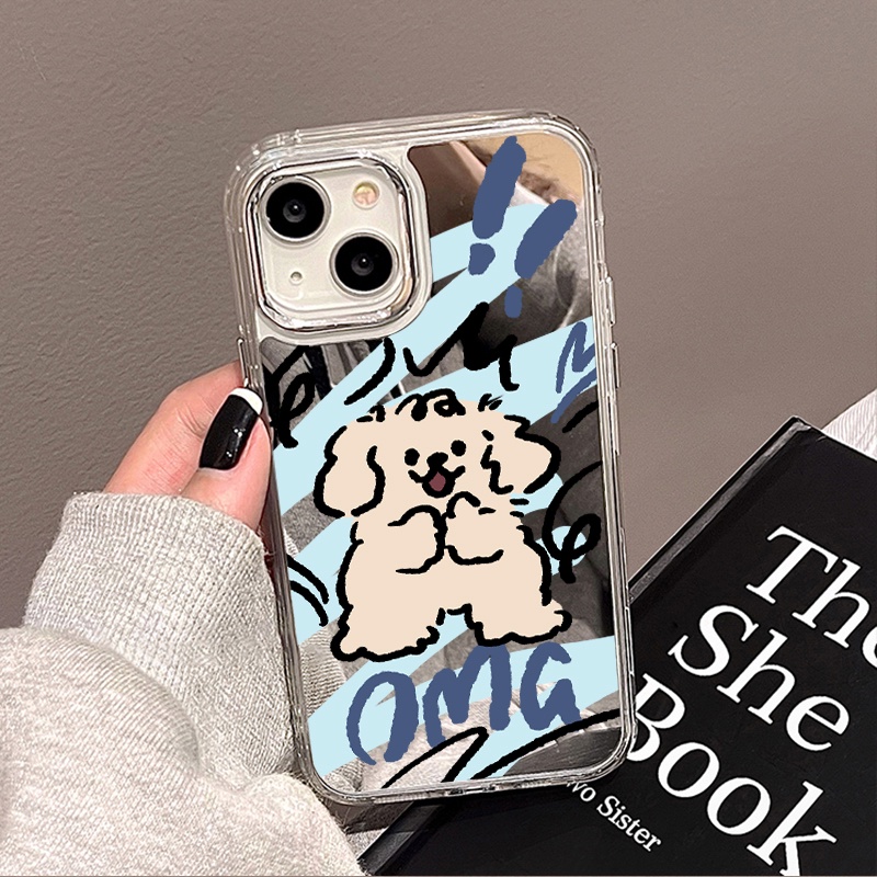 IPHONE Kartun Anjing Lucu Cermin Ponsel Case Kompatibel Untuk Iphone11 12 13 14 12Pro 13Pro 14Pro Pro Max XR X XS Max Electroplating Tombol Perlindungan Mirror Cover