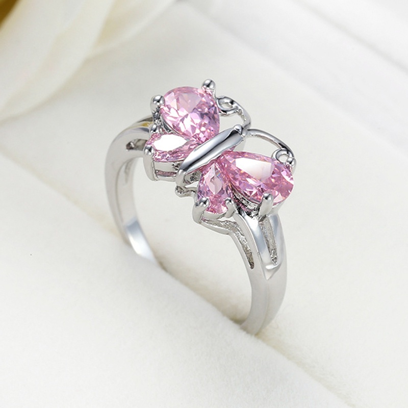 Cincin Jari CZ Butterfly Sparkling Pink Warna Silver Untuk Wanita Sterling Plata Jewelry Hadiah Natal