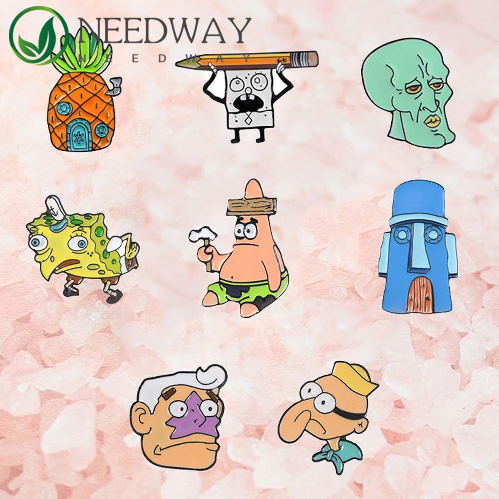 Needway   SpongeBob SquarePants Ransel Hadiah Untuk Wanita Pria Kerah Bros Perhiasan Aksesoris Bob Nanas Squidward Badge Pin Enamel Pin