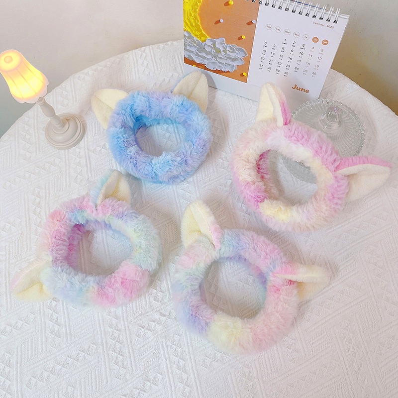 Korea Telinga Kucing Bando Gradien Bulu Karang Cuci Muka Hairband Telinga Kucing Bowknitted Adjustable Aksesoris Rambut