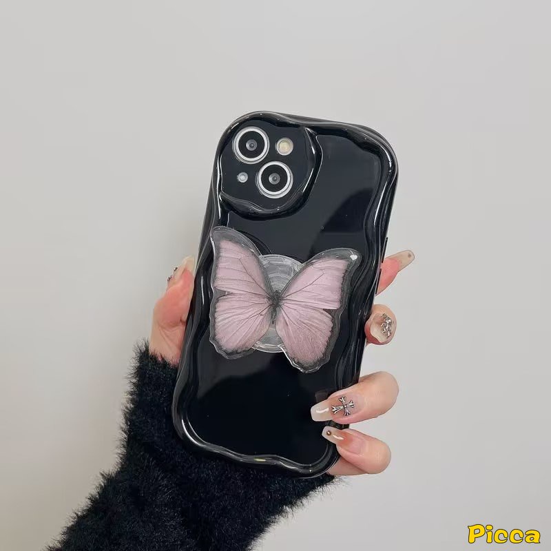 IPHONE Fashion Simple Watercolor 3D Wavy Curved Edge Case Kompatibel Untuk Iphone11 13 14 12 Pro Max 7 6 8 6s Plus XR X XS Max SE 2020 Fantasy Braket Kupu-Kupu Lipat Ring Holder Cover