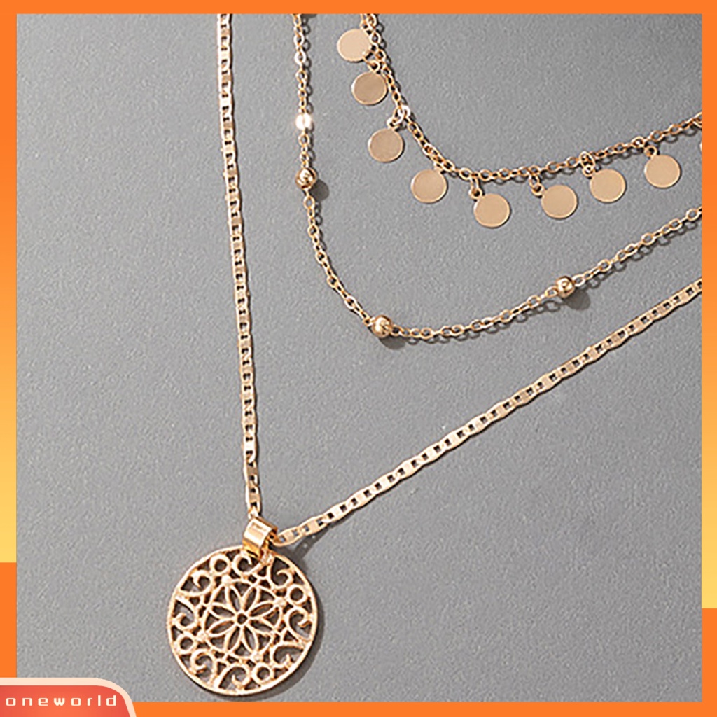 [ONE] Kalung Berongga Bulat Liontin Perhiasan Aksesoris Alloy Fashion 3lapis Choker Necklace Untuk Wanita