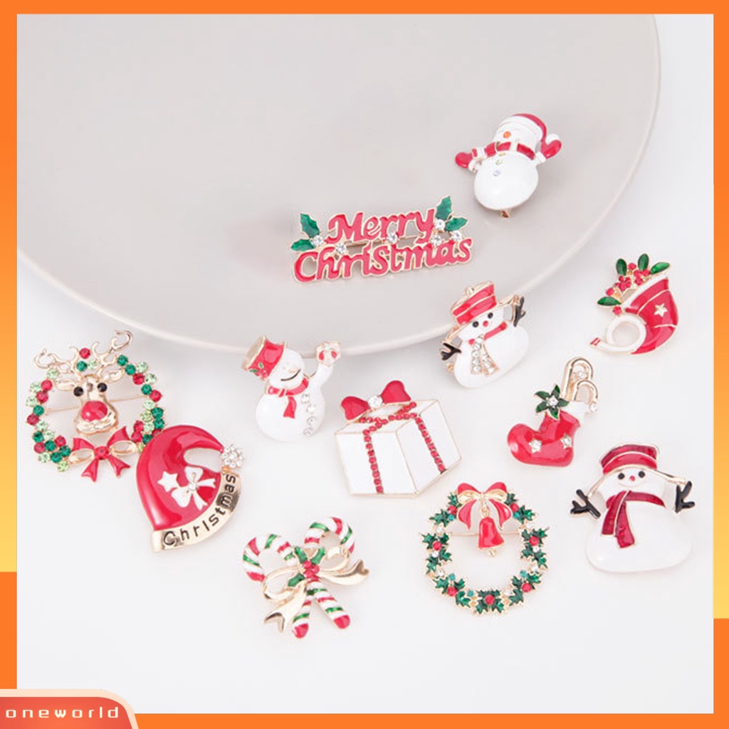 [ONE] Bros Natal Meriah Enamel Warna-Warni Berlian Imitasi Mengkilap Bertatahkan Serbet Tempat Cincin Hadiah Tahun Baru Bell Wreath Gift Box Sepatu Snowman Breastpin Perhiasan Party Favors