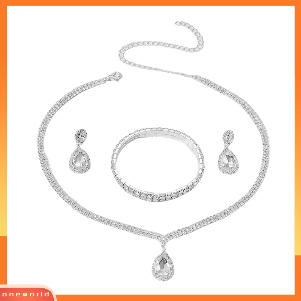 [ONE] 1set Wanita Kalung Tetesan Air Liontin Elegan Temperamen Mewah Berkilau Berlian Imitasi Menjuntai Anting Bangle Kit Perhiasan Pengantin