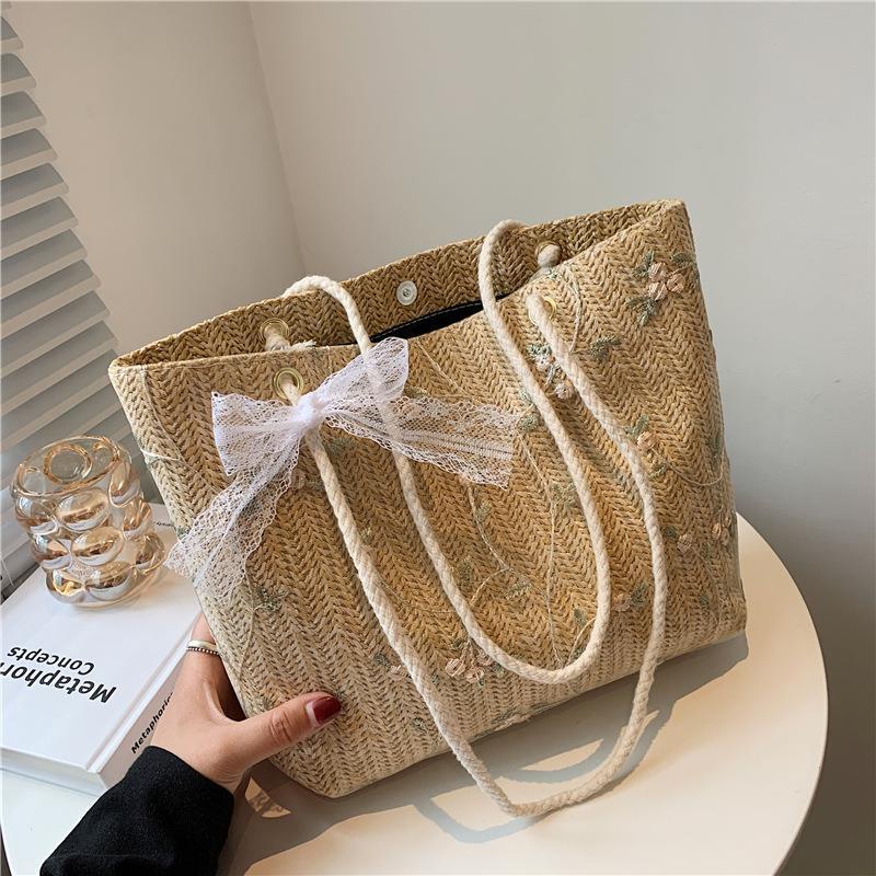 	 DMTS099 Totebag Anyaman Jerami Premium Tali Bahu Pita Tenun Motif Bunga Cokelat Tas Wanita Diamond Bagmaker	