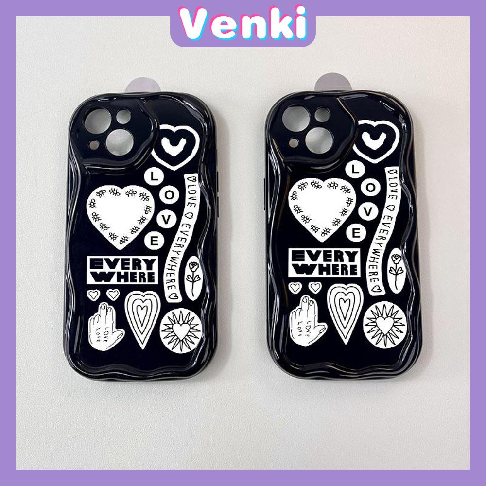 VENKI - Untuk iPhone 11 Case Curved Edge Wave Case Glossy Black TPU Airbag Shockproof Camera Case Surat Cinta Lucu Kompatibel dengan iPhone 14 13 Pro max 12 Pro Max xr xs 7Plus 8Plus