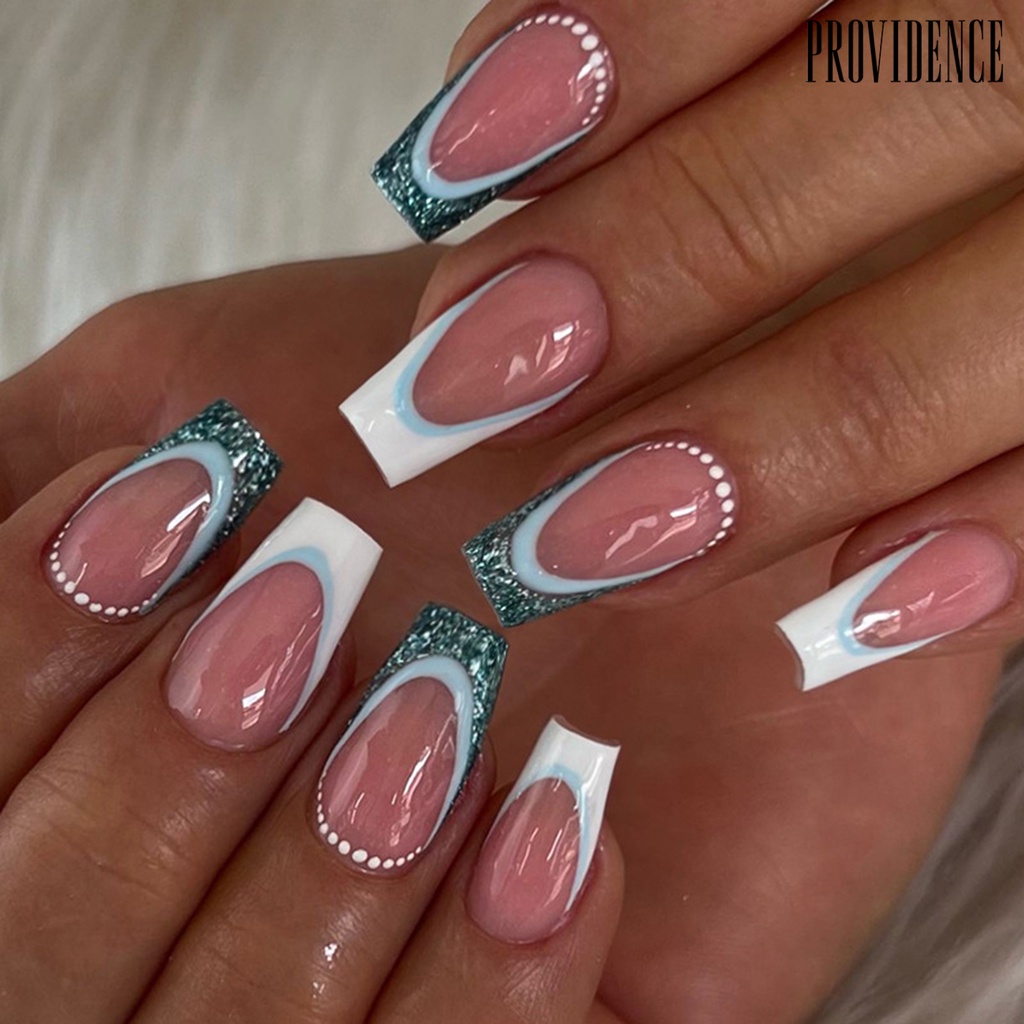 Providence 24Pcs/Set Tips Kuku Tidak Bahaya Dilepas Dekorasi Yang Indah Pengerjaan Halus DIY Eye-catching Balet French Glitter Nail Art Patch Rumah Tangga Pasokan