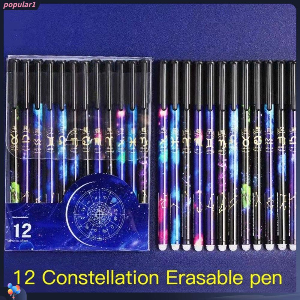 Populer 12PCS/Set Alat Menulis Gel Pen Tinta Hitam/Biru 0.5mm Dihapus Pen