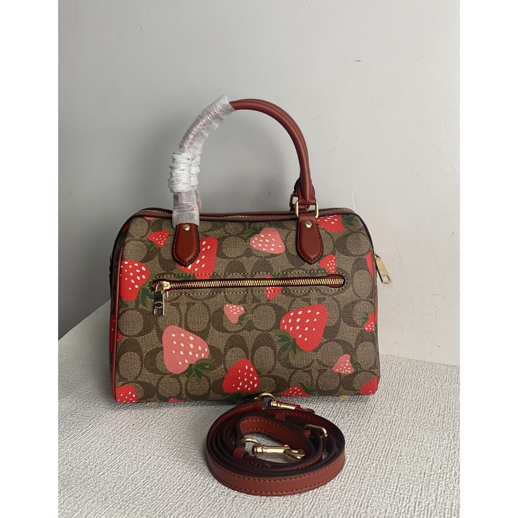 Coach Rowan Satchel Signature Canvas and Leather with Strawberry Print