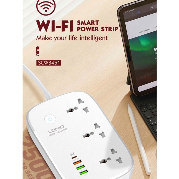 AKN88 - LDNIO SCW3451 DEFENDER SERIES - WiFi Smart Power Strip 3 Socket 4 USB