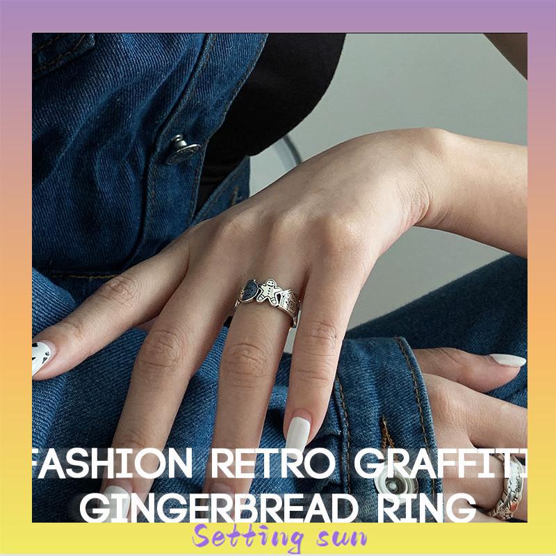 Grafiti Perak Gingerbread Man Cincin Terbuka Adjustable Ring Retro Korea Vintage Gaya Untuk Pria Dan Wanita TN