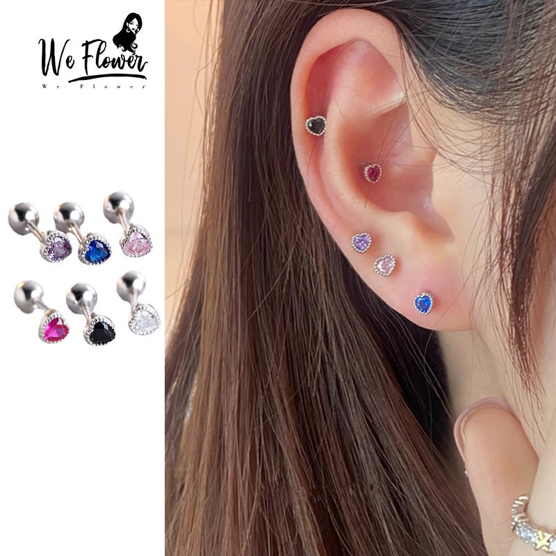 We Flower Chic Stainless Steel Bersinar Warna-Warni Zirkon Jantung Sekrup Anting Untuk Wanita Perempuan Trendi Anti Alergi Ditindik Kristal Kecil Pejantan Anting-Anting Pakaian Sehari-Hari Telinga Perhiasan Hadiah