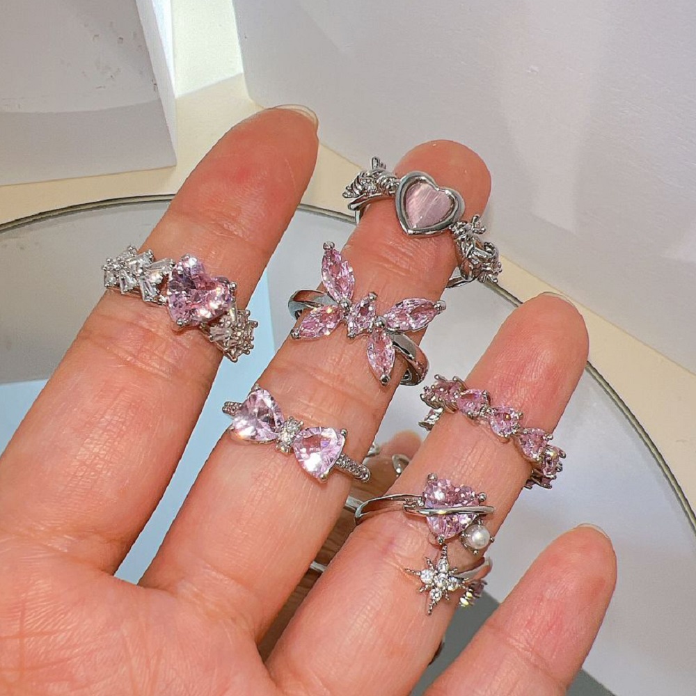 Fashion Adjustable Gemstone Heart Rings Cincin Jari Crtystal Pink Elegan Untuk Aksesoris Perhiasan Wanita Image 2