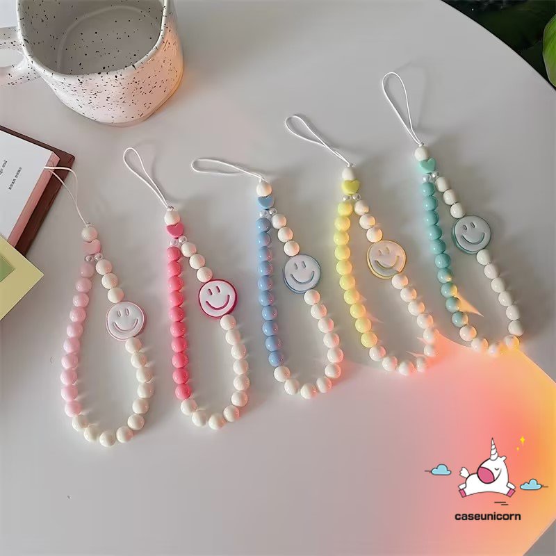 Indah Kartun Wajah Senyum Tangan Tali Gelang Manik-Manik Lanyard Kreatif Akrilik Telepon Rantai Gadis Warna-Warni Cinta Mutiara Gantung Rantai Lucu Manis Aksesoris