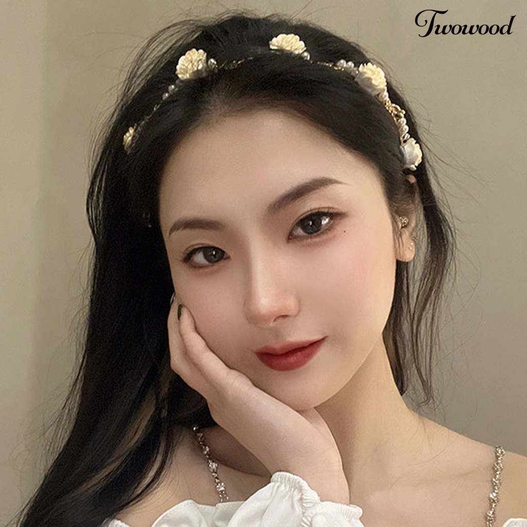 Twowood Rose Headband Glossy Faux Pearl Pengerjaan Halus Daun Dekorasi Vintage Hias Lolita Anti-slip Rose Wedding Hair Hoop Wanita Aksesori Rambut