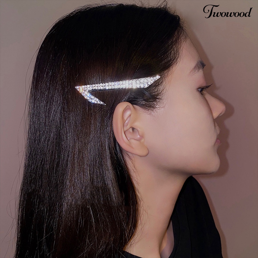 Twowood 1pasang Indah Anti-slip Rambut Klip Geometris Berlian Imitasi Dekorasi Logam Poni Samping Jepit Rambut Styling Alat