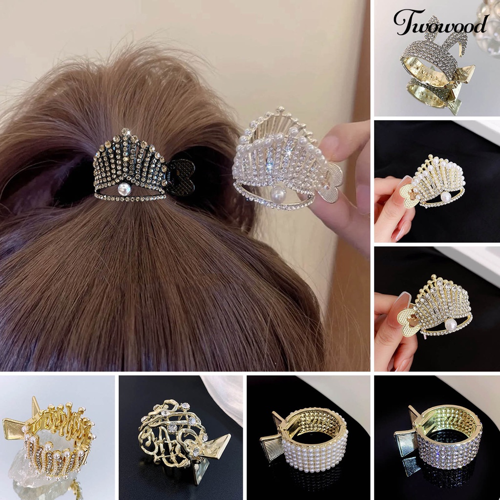 Twowood Wanita Hair Claw Hair Clip Berlian Imitasi Mutiara Imitasi Bentuk Ekor Ikan Hiasan Rambut Anti-slip Ringan Mahkota Bentuk Kepala Kelinci Aksesori Rambut