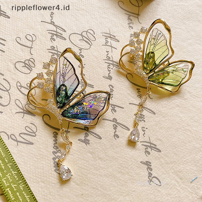 {rippleflower4.id} Fashion Tembus Kristal Kupu-Kupu Rumbai Bros Wanita Kostum Mantel Perhiasan Accessries Hadiah~