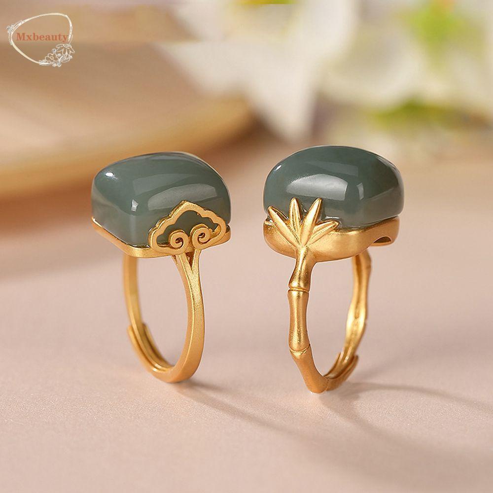 Mxbeauty Wanita Cincin Geometris Vintage Hijau Persegi Batu Terbuka Adjustable Cincin Menguntungkan Pola Awan Tembaga Desain Retro Cincin