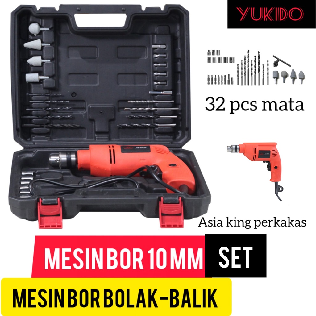 GARANSI RESMI 100% YUKIDO  Bor Listrik 10mm Tangan Kayu Besi Electric Drill 10 mm Reversible Bolak Balik Variable Speed Mesin  ASIA KING PERKAKAS