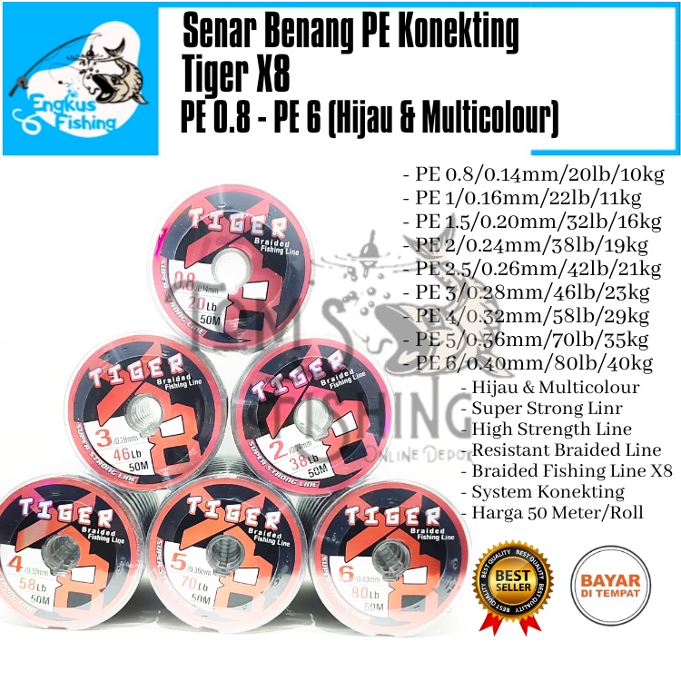 Senar Benang Pancing PE TIGER X8 Braid 50M/Roll (PE 0.8-PE 6) Multicolor Murah - Engkus Fishing