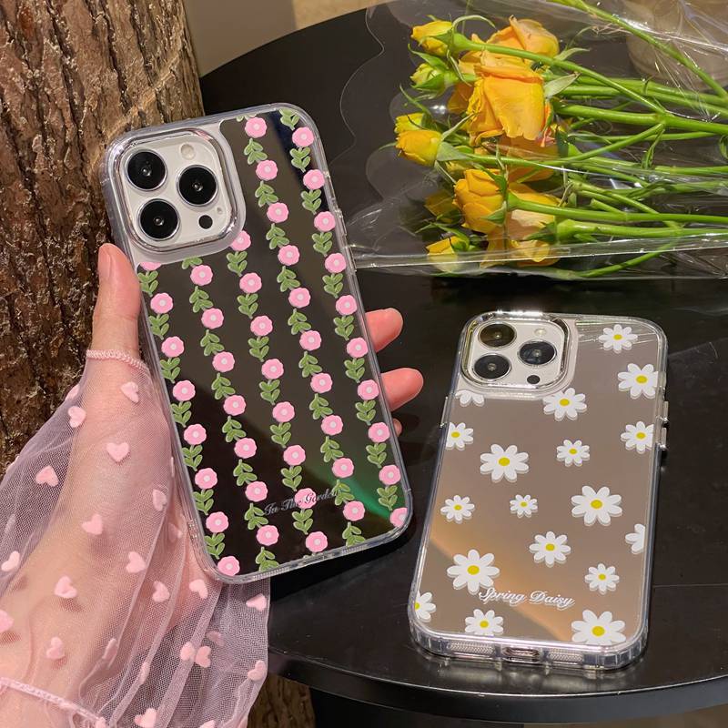 Fashion Silver Little Daisy Pink Flowers Mirror Soft TPU Case iP iPhone 11 12 13 14 Pro Max New Woman Girl FTD Casing Apple