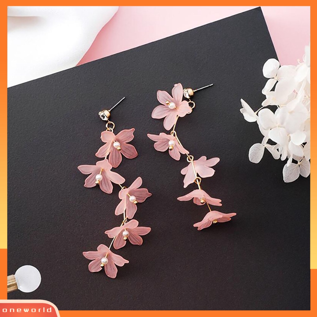 [WOD] 1pasang Mutiara Imitasi Dekorasi Stud Earrings Berlian Imitasi Pengerjaan Halus Akrilik Bunga Rumbai Kait Anting Perhiasan Hadiah