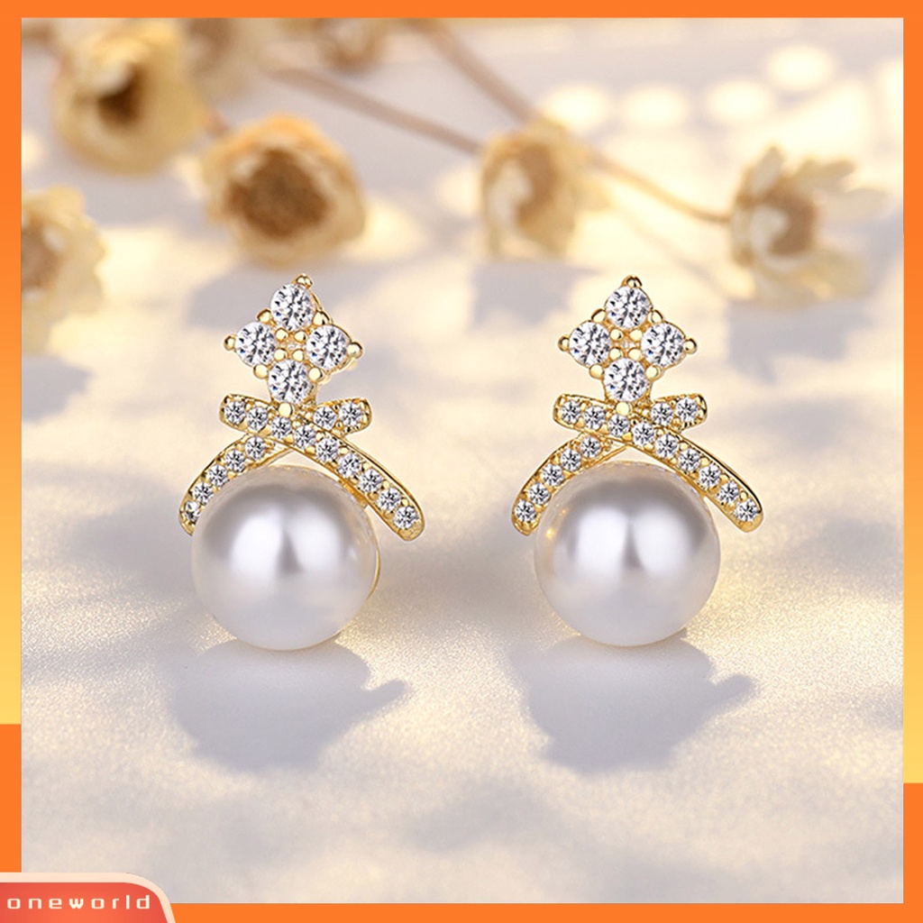 [WOD] 1pasang Ear Studs Hias Zircon Berlian Imitasi Mutiara Imitasi Bentuk Mahkota Electroplated Ear Ornament Tahan Luntur Aesthetic Fashion Pesta Lady Stud Earrings Untuk Pacaran