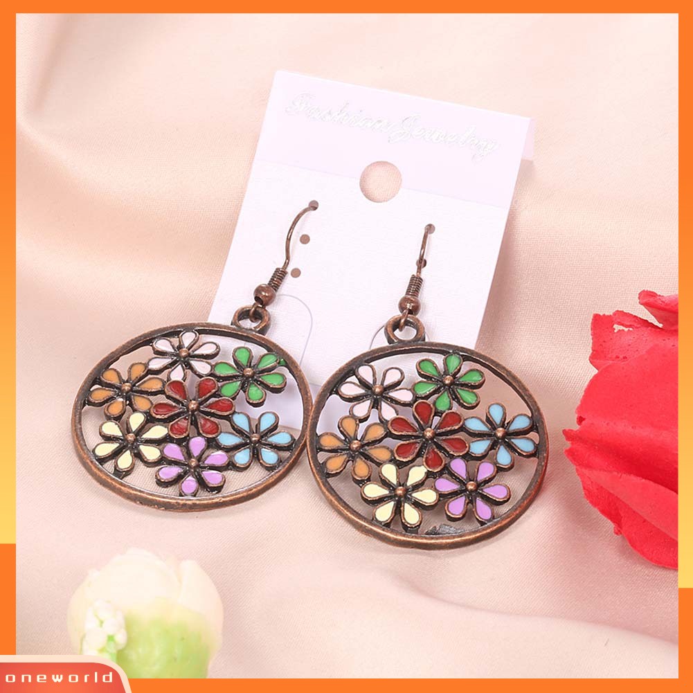 [WOD] Bohemian Wanita Multicolor Bunga Berongga Bulat Menjuntai Kait Anting Perhiasan Hadiah