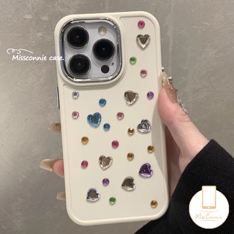 IPHONE Luxury Simple Warna Solid Plating Square Case Kompatibel Untuk Iphone11Xr 7Plus 8Plus 13 14 11 12 Pro MAX X XS MAX Cinta Hati Berlian Warna-Warni Casing Ponsel Dekorasi Stiker Cover