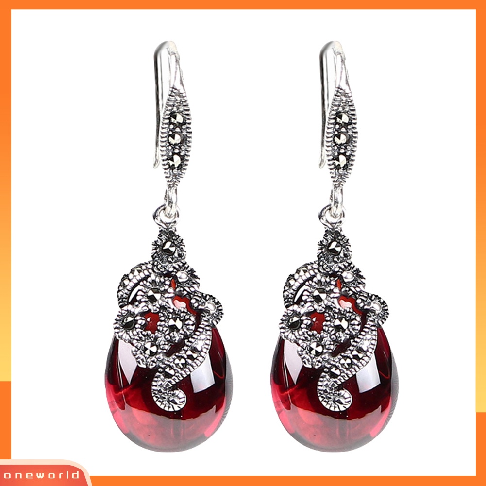 [WOD] Vintage Wanita Faux Emerald Ruby Water Drop Menjuntai Kait Anting Perhiasan Hadiah