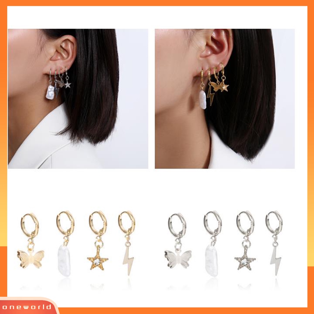 [WOD] 4pcs/set Wanita Berlian Imitasi Huruf Bintang Kupu-Kupu Menjuntai Hoop Earrings Jewelry