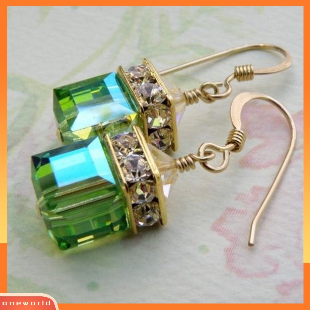 [WOD] Fashion Wanita Faux Gemstone Berlian Imitasi Persegi Menjuntai Drop Hook Anting Perhiasan