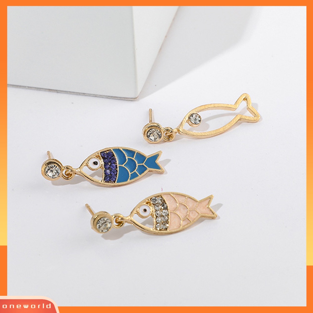 [WOD] 3pcs/set Bohemian Berongga Ikan Berlian Imitasi Pesona Stud Anting Wanita Perhiasan Hadiah