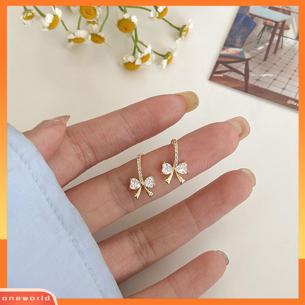 [WOD] 1pasang Wanita Menjuntai Anting Busur Cubic Zirconia Perhiasan Bersinar Gaya Korea Stud Earrings Hadiah Ulang Tahun