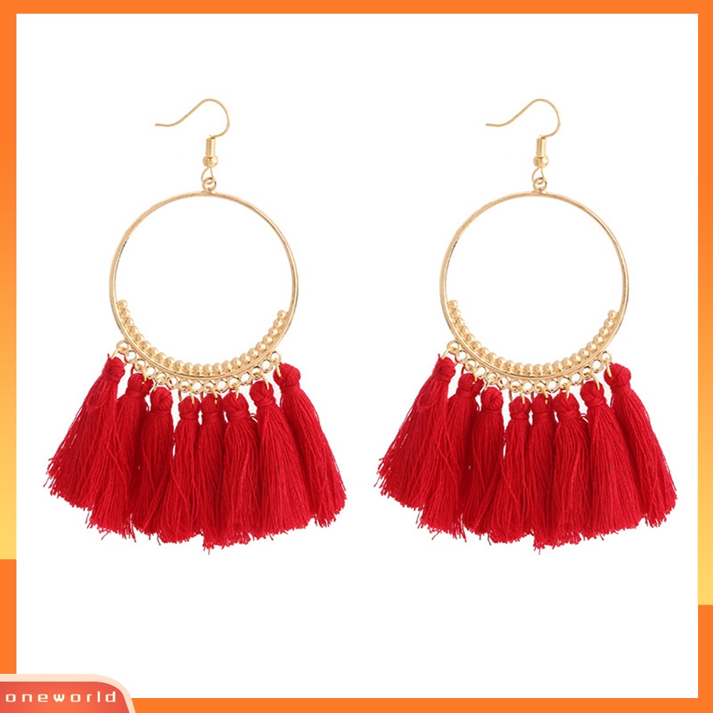 [WOD] Wanita Vintage Boho Besar Hoop Panjang Rumbai Fringe Menjuntai Kait Anting Perhiasan