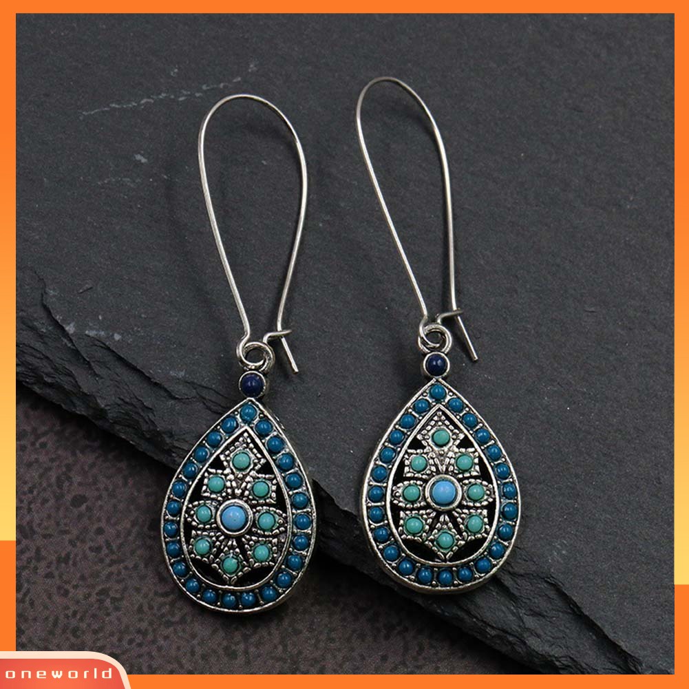 [WOD] Bohemian Wanita Manik-Manik Faux Turquoise Hias Hollow Teardrop Menjuntai Kait Anting