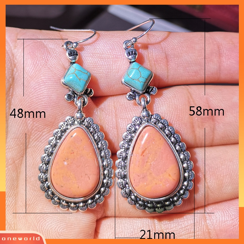 [WOD] Vintage Wanita Belah Ketupat Teardrop Imitasi Pirus Menjuntai Kait Anting Perhiasan Hadiah