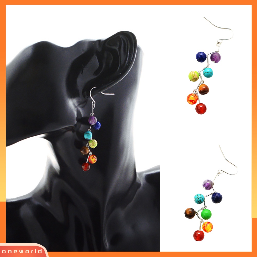 [WOD] Wanita Fashion Yoga 7 Chakra Batu Warna-Warni Manik-Manik Drop Hook Anting Perhiasan