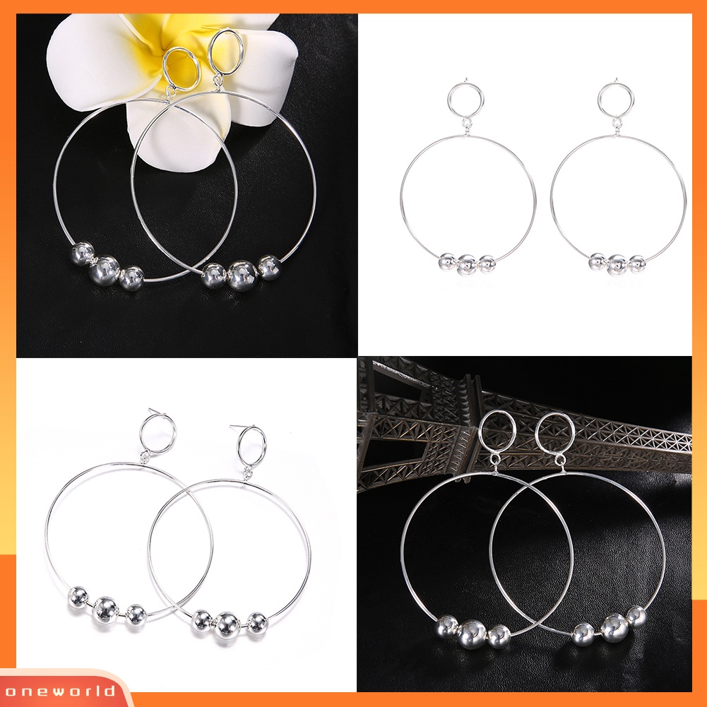 [WOD] Wanita Fashion Manik-Manik Geometris Bulat Besar Lingkaran Hoop Earrings Statement Jewelry