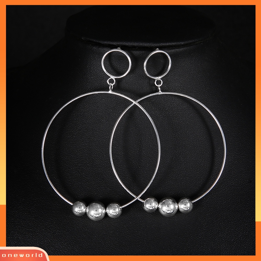 [WOD] Wanita Fashion Manik-Manik Geometris Bulat Besar Lingkaran Hoop Earrings Statement Jewelry