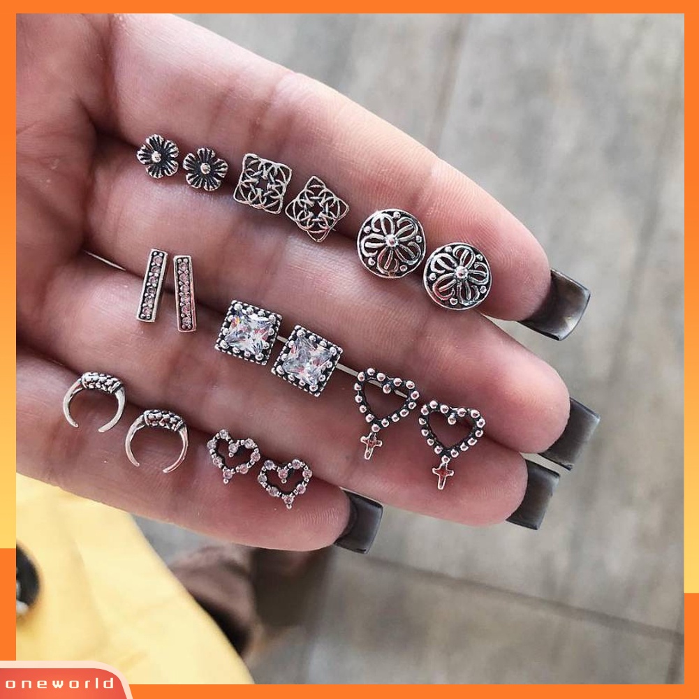 [WOD] 8pasang /Set Vintage Berongga Hati Salib Bunga Telinga Stud Anting Wanita Perhiasan