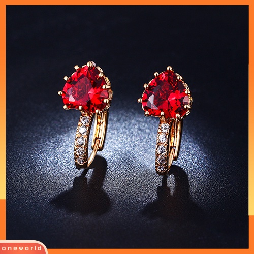 [WOD] Wanita Cinta Merah Hati Zirkon Lapis Emas 18K Leverback Huggie Earrings Perhiasan